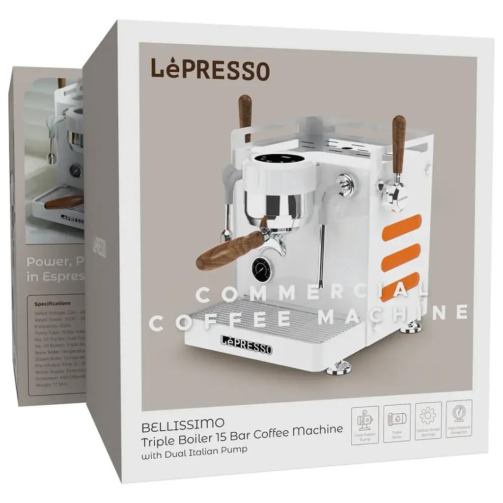 LePresso Commercial Bellissimo Triple Boiler 15 Bar Coffee Machine with Dual Italian Pump - White