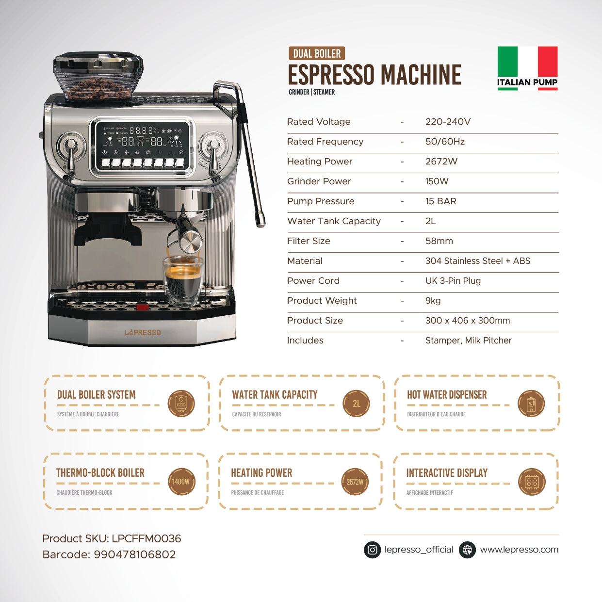 LePresso Espresso Coffee Bean Grinder Maker with 15-Bar Dual Boiler 58mm Handle