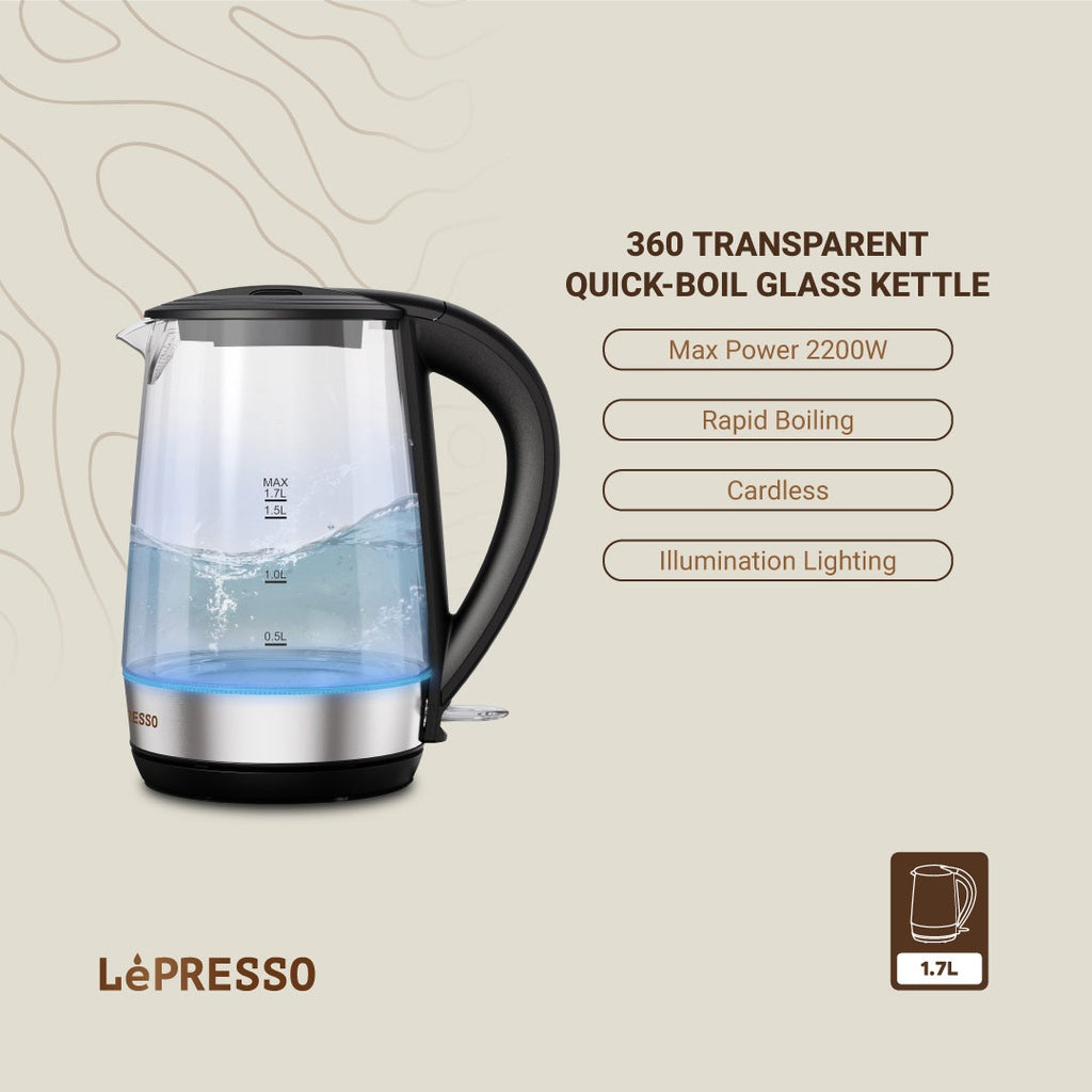 LePRESSO 360 TRANSPARENT QUICK-BOIL GLASS KETTLE