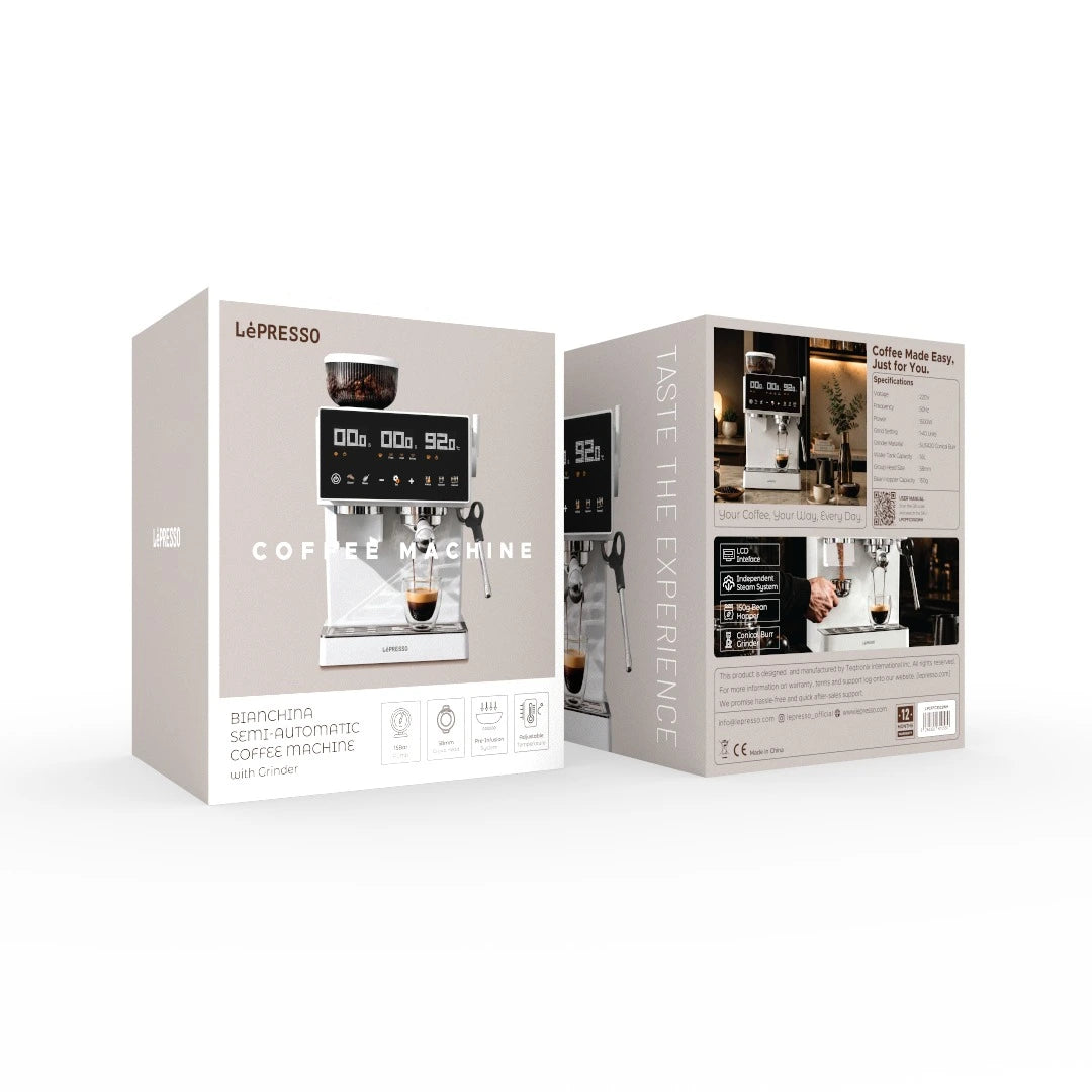 Lepresso Bianchina Semi-Automatic Coffee Machine With Grinder – White