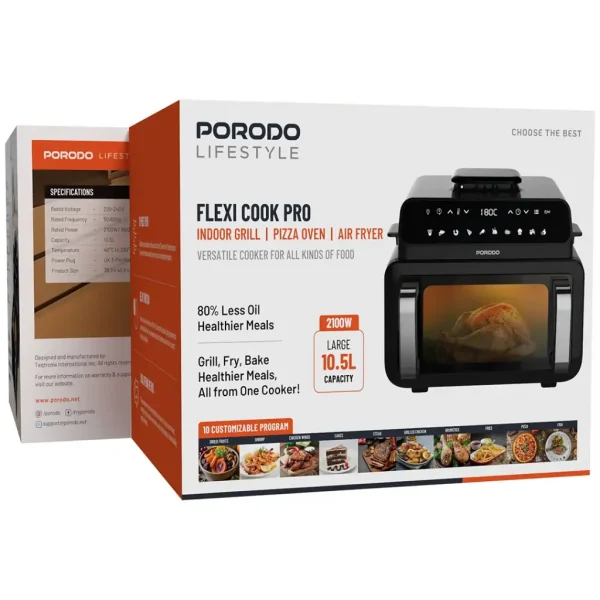 شواية داخلية PORODO LIFESTYLES FLEXI COOK PRO بقوة 2100 واط وسعة كبيرة من 10 إلى 15 لترًا، لون أسود، موديل PDAF1015BK