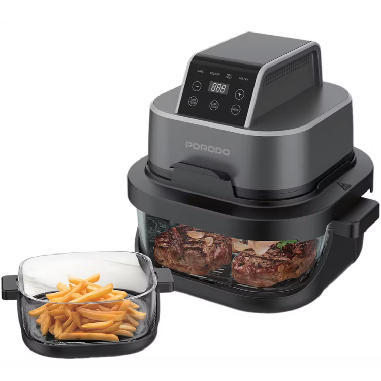 Porodo Lifestyle 4-in-1 Dual-Pot Glass Air Fryer for Bake, Crisp