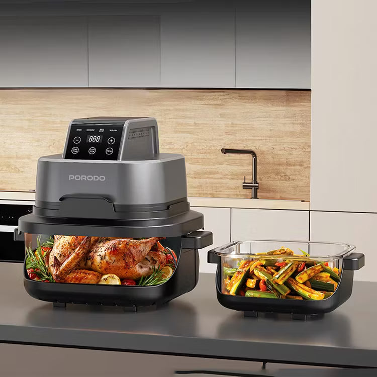 Porodo Lifestyle 4-in-1 Dual-Pot Glass Air Fryer for Bake, Crisp