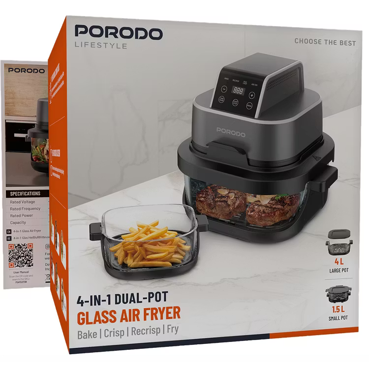 Porodo Lifestyle 4-in-1 Dual-Pot Glass Air Fryer for Bake, Crisp