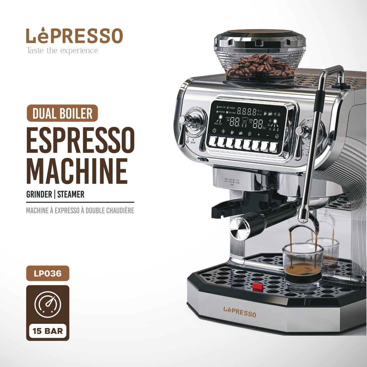 LePresso Espresso Coffee Bean Grinder Maker with 15-Bar Dual Boiler 58mm Handle
